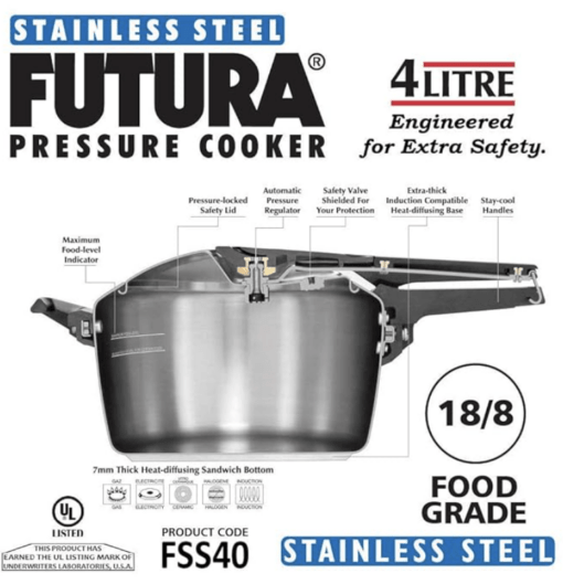 Futura Stainless Steel 4L Pressure Cooker Induction compatible - Image 4